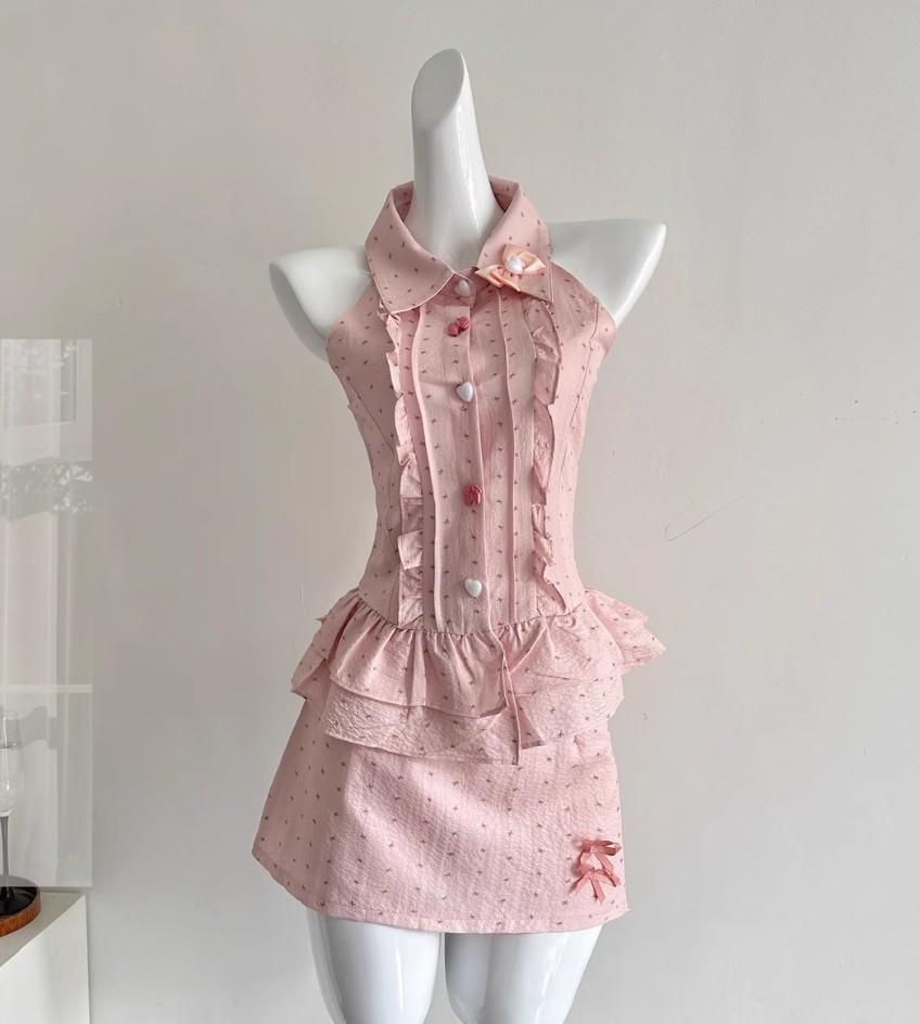 Summer sweet waist slim sleeveless top skirt suit R2003