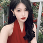 Retro halter neck dress sexy wine red temperament slim high-end dress R1486