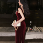 Velvet sling wine red dress retro Hong Kong style French design banquet dress R1436