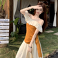 Beautiful summer suit, one-shoulder ruffled ice silk knitted top, wide-leg pants, two-piece suit R1739