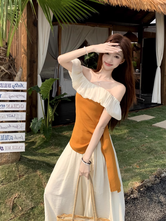 Beautiful summer suit, one-shoulder ruffled ice silk knitted top, wide-leg pants, two-piece suit R1739