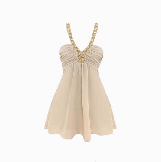 French heavy diamond halter dress 2025 thousand gold feeling slim a-line short skirt R1185