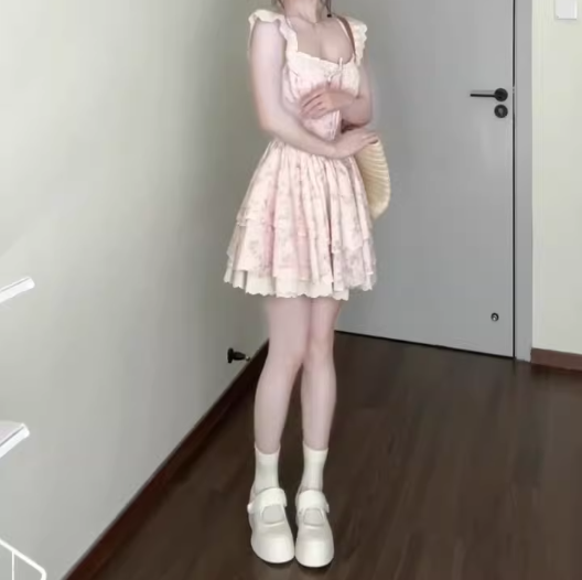 Gentle style pink floral dress beautiful waist A-line tutu skirt R0736