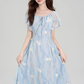 French blue beautiful floral dress new style holiday style waist temperament long skirt R2398