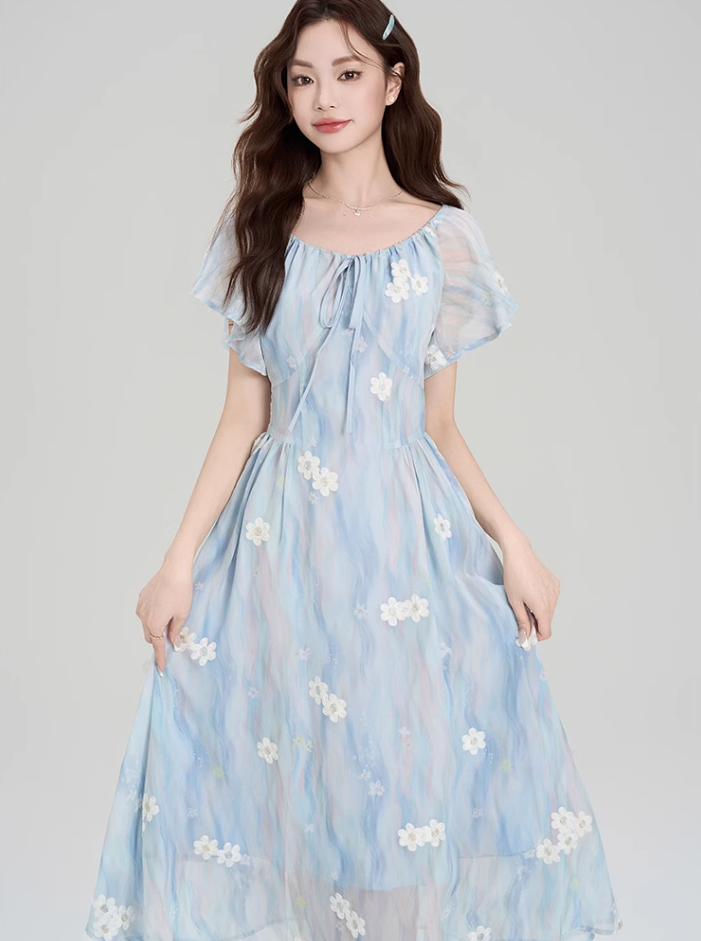 French blue beautiful floral dress new style holiday style waist temperament long skirt R2398