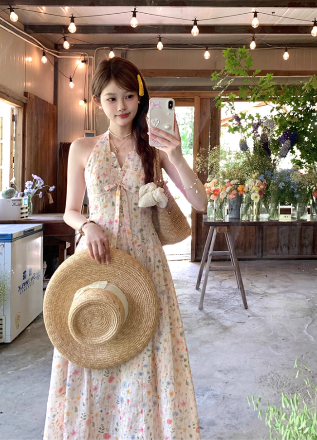 V-neck floral halter neck sleeveless suspender dress summer French pastoral style holiday dress R4664