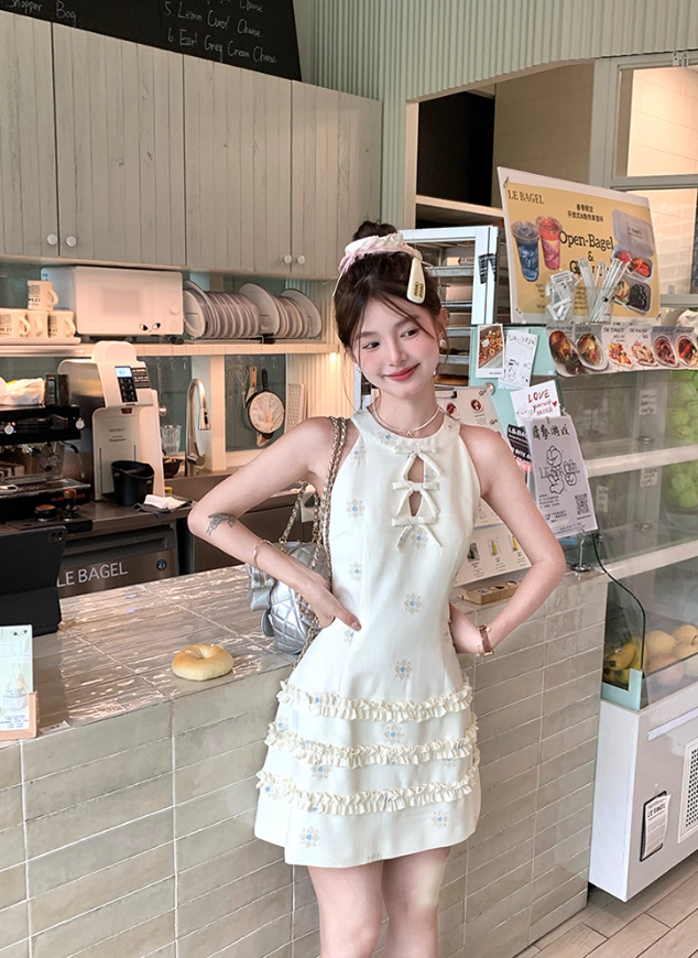 Solid color halter neck sleeveless waist dress for women summer French temperament retro skirt R4747