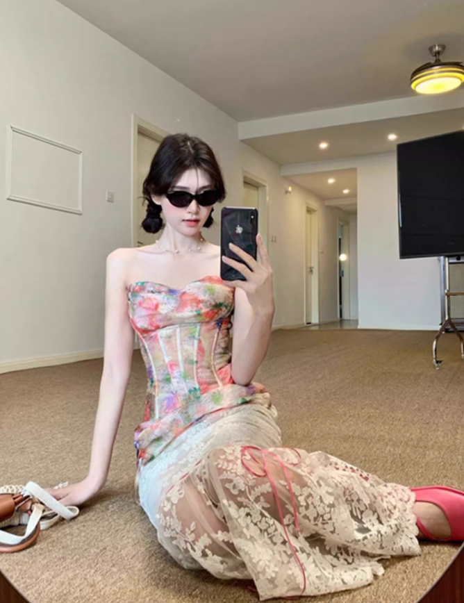 French oil painting style herringbone tube top 2025 lace patchwork skirt suit R1134