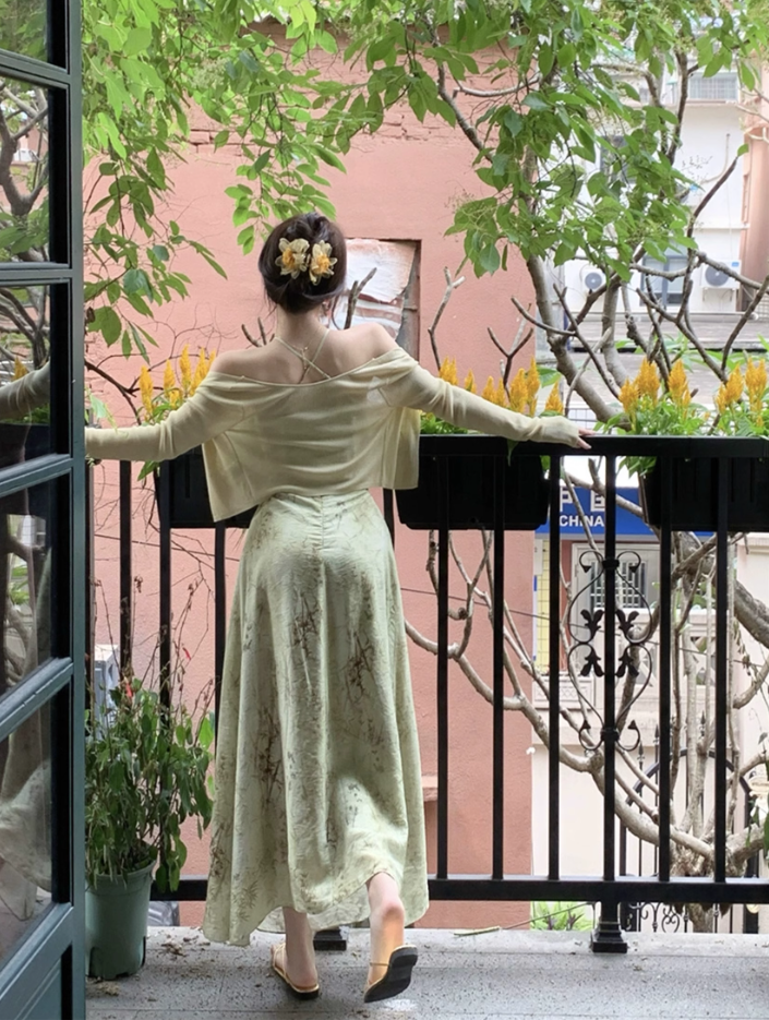 Halter neck suspender dress 2025 sexy backless print gentle waist-revealing long skirt R1476