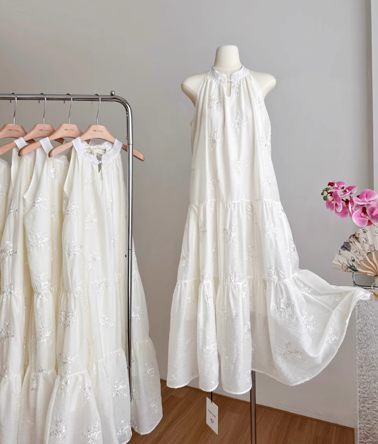 French button jacquard halter dress summer sleeveless swing holiday long dress R2004