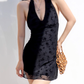 American sexy girl hanging neck camisole dress slimming black mesh short skirt R2872