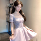 Square collar short sleeve waist A-line dress summer French retro style skirt R4585