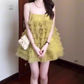 Yellow mesh suspender dress niche gentle temperament A-line puffy short skirt R0779