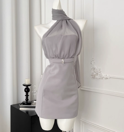 Waist-hugging diamond bow pleated dress with slim fit and temperament R2082