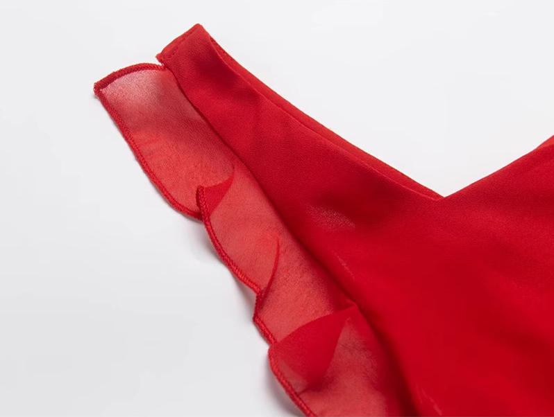 2025 summer new red irregular sexy ruffled seaside holiday dress R0980