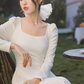 Square collar temperament waist long sleeve dress 2025a gentle long dress R1456