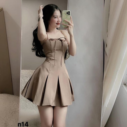Khaki suspenders waist slimming A-line pleated short skirt homecoming dress R3854