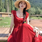 Red polka dot lace cinched waist small flying sleeve dress for women's summer French dress R4784