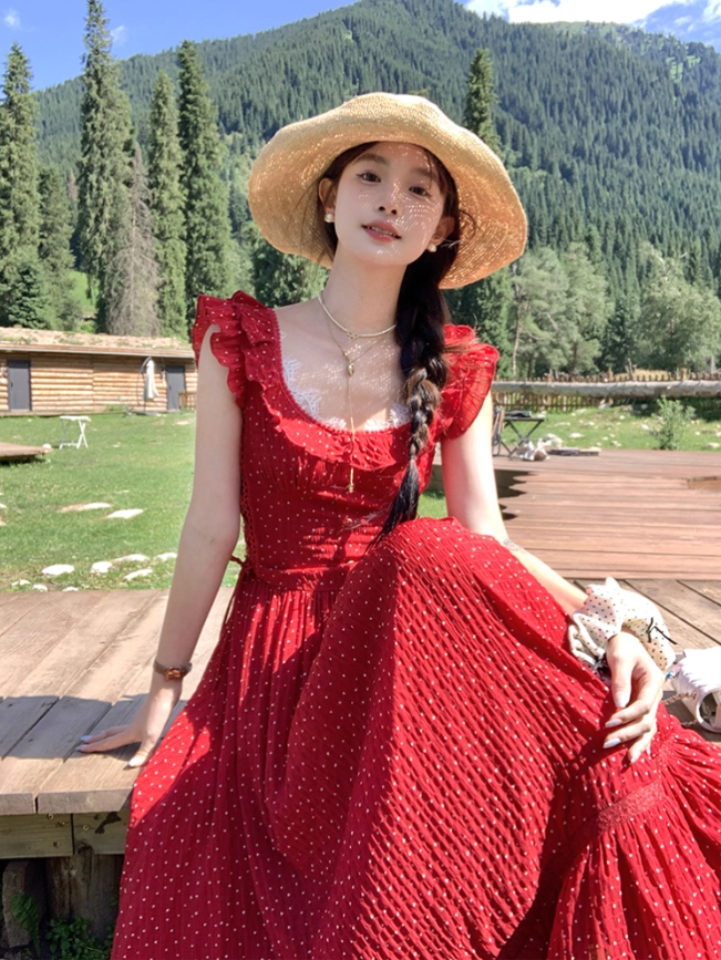 Red polka dot lace cinched waist small flying sleeve dress for women's summer French dress R4784
