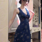 Retro blue v-neck floral halter dress beautiful waist a-line long skirt R0794