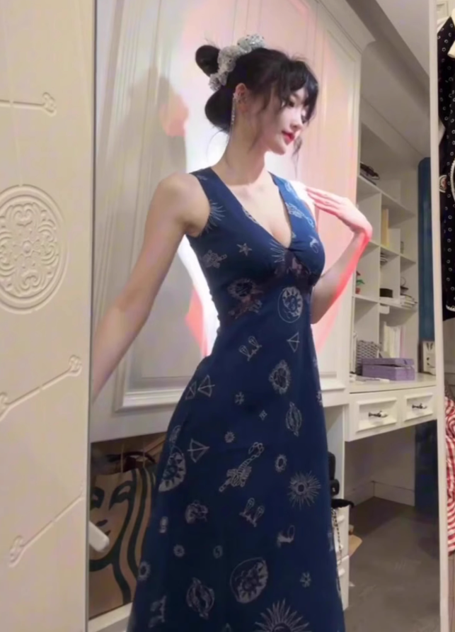 Retro blue v-neck floral halter dress beautiful waist a-line long skirt R0794