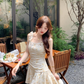 French romantic yellow floral dress for women summer beautiful suspender skirt R3825