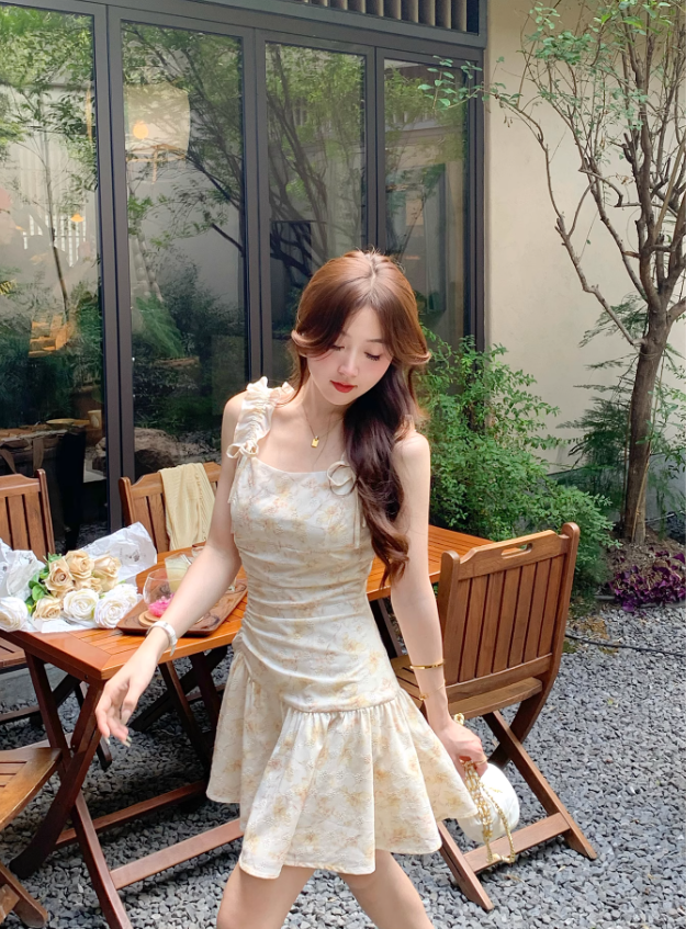 French romantic yellow floral dress for women summer beautiful suspender skirt R3825