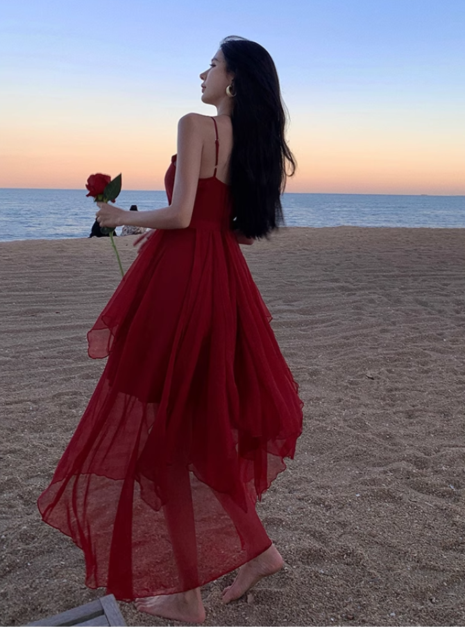 Fairy dress red beach dress vacation travel wear high waist irregular suspender skirt R1581