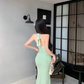 French high-end green v-neck lace halter dress temperament celebrity waist slim hip dress R0453