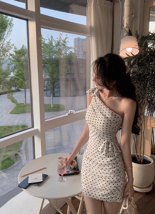 French polka dot irregular shoulder dress summer new temperament short skirt R4221