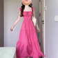 French square neck rose red tie waist dress beautiful gentle style backless long skirt R0462
