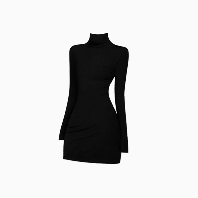 Sexy hot girl black high collar long sleeve dress 2025 backless slim hip skirt R1313