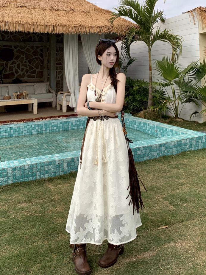 Fairy travel outfit V-neck suspender embroidered long skirt tassel sunscreen cardigan two-piece suit R1728