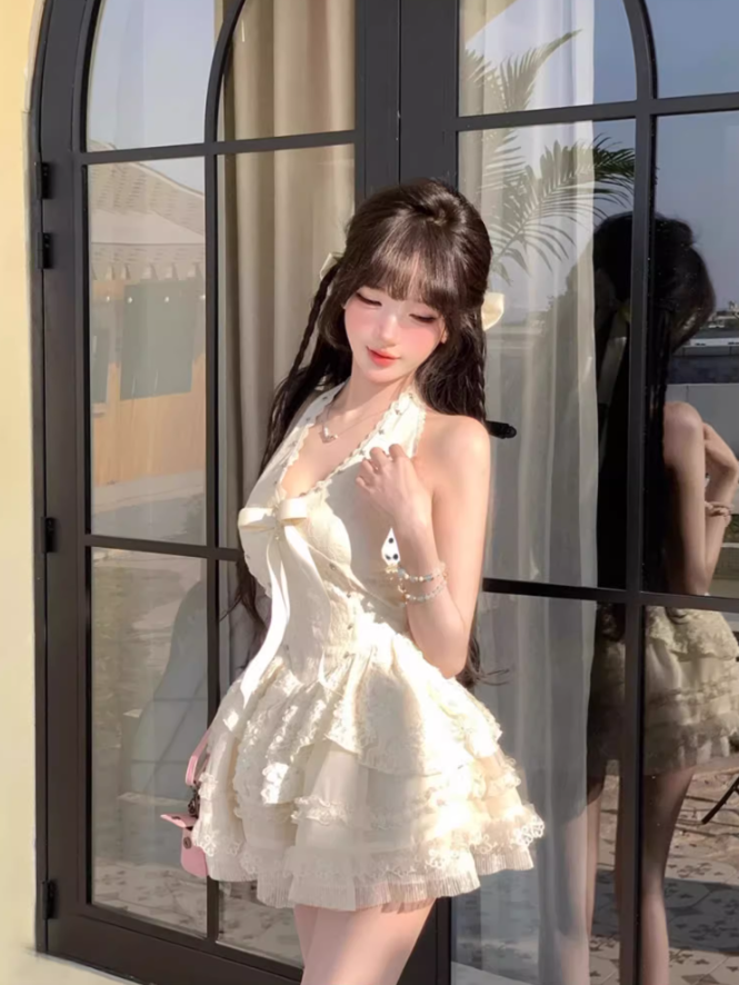 Pure desire style V-neck beaded halter dress 2025 lace waist tutu skirt R1392