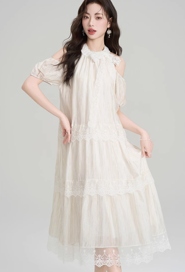 French design lace halter dress holiday style beautiful off-shoulder long dress R2399