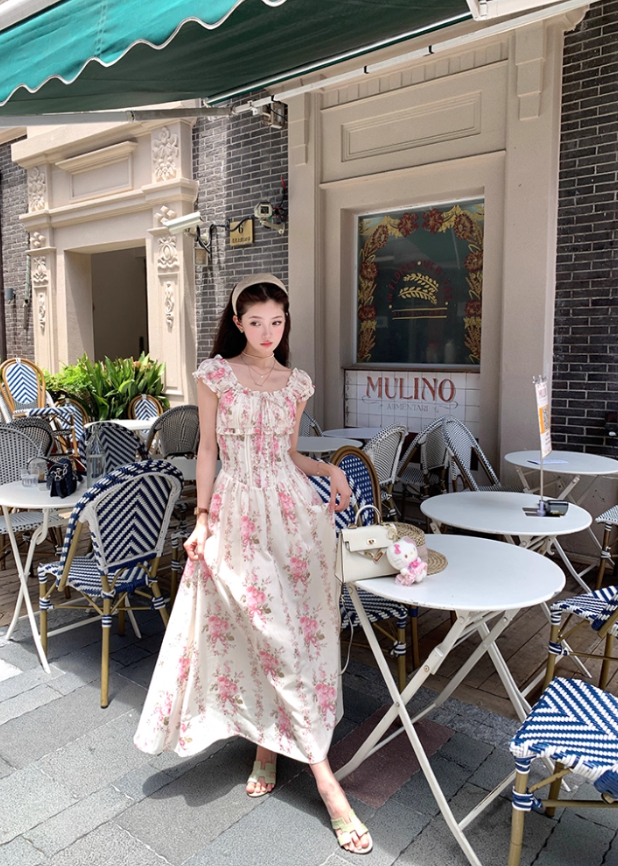 Long waist square neck printed suspender dress for women summer French temperament skirt R4745