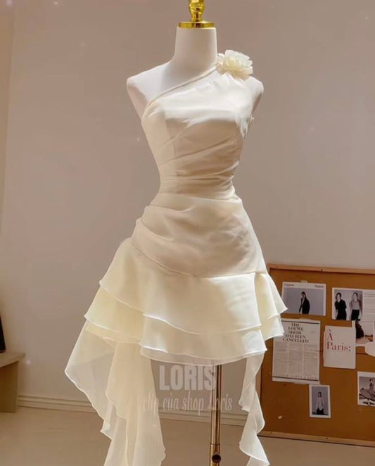 Apricot irregular neckline slim pleated A-line skirt homecoming dress R2523