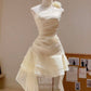 Apricot irregular neckline slim pleated A-line skirt homecoming dress R2523