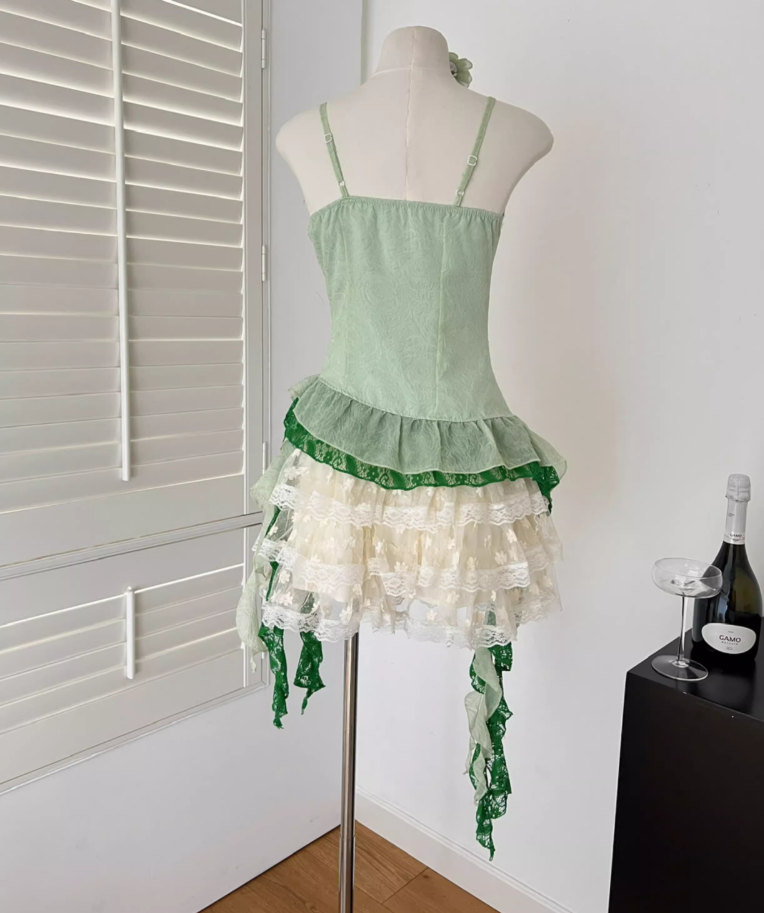 Summer pure slim fit irregular green top and skirt suit R2053