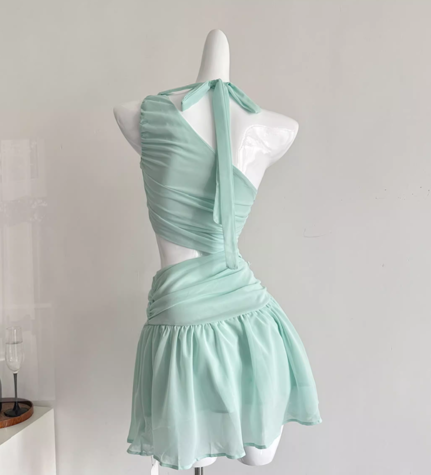 Off-shoulder sheer mesh waist dress R1992