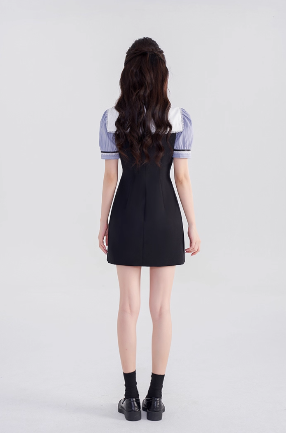College style black dress women's summer puff sleeve short skirt new high waist splicing skirt R4461