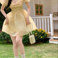 Light yellow puff sleeve waist slim princess puffy skirt homecoming dress R3801