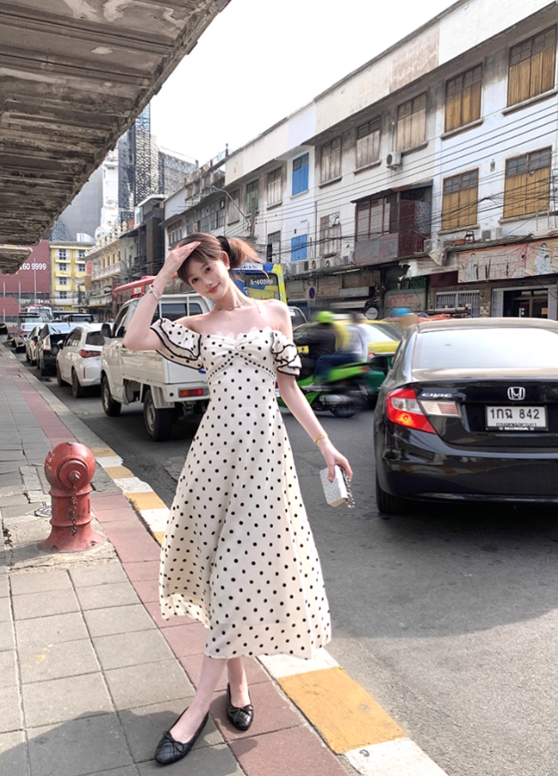 Long black and white polka dot waist suspender dress summer French retro temperament slim skirt R4739