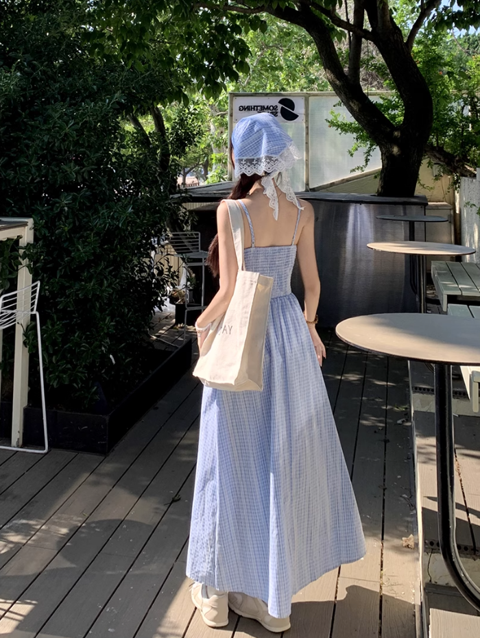 Fairy romantic French blue plaid long skirt tube top temperament design sling dress R1701
