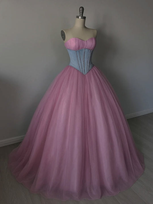 Elegant Barbie Pink A-Line Sweetheart Waist Corset Maxi Women Dress Evening Dress Birthday Dress RS299