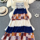 2025 dress dopamine vintage floral plaid art splicing temperament holiday suspender long skirt R0371