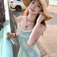 Long gradient print waist suspender dress summer French slim skirt R4946