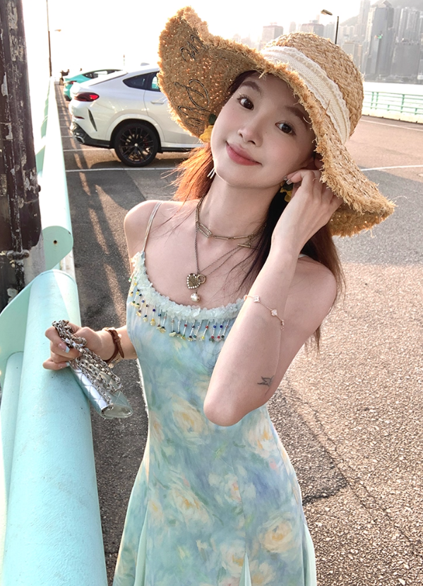 Long gradient print waist suspender dress summer French slim skirt R4946