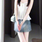 Gentle temperament white cardigan camisole vest denim shorts three-piece set R0888