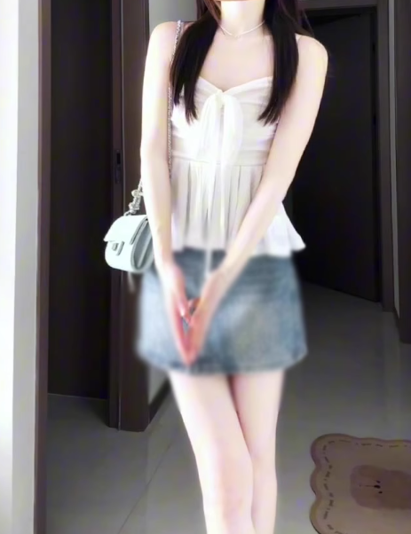Gentle temperament white cardigan camisole vest denim shorts three-piece set R0888